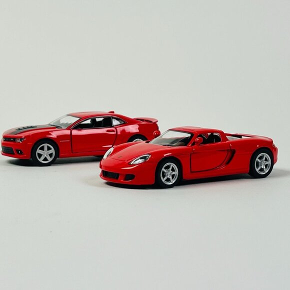 Kinsmart 2 Red Diecast Cars Porsche Carrera GT & Chevrolet Camaro 1:36 Scale - Picture 1 of 7